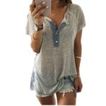 Malltop Women Plus Size Summer Cool Splicing Color Button Down Collar Short Sleeve T-Shirt Blouse (5XL, Gray)