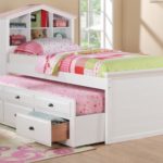 Doll house style headboard white finish wood panel design twin trundle bed with bookcase headboard and drawers