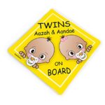 Personalizable Twins on Board Car Stickers, Baby Girl and Baby Boy Yellow Car Vinyl Sticker