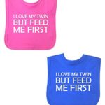 BabyPrem Baby Feeding 2 Bibs Girls Boys Twins Feed Me First Velcro PINK BLUE
