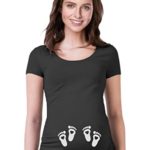 TeeStars – Very Cute Twin Babies Footprints Pregnant with Twins Maternity Shirt Large Black