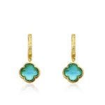 Little Miss Twin Stars Little Miss Flower Girl Hammered 14k Gold-Plated Small Huggy Earring With Aqua Faceted Clover Dangle