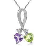 Natural Peridot, Amethyst & Topaz 925 Sterling Silver Twin Heart Pendant w/ 18 Inch Chain Necklace