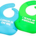 Funny saying silicone baby bib shower gift set – perfect for new mom-dad-grandparent of infant or toddler – boy or girl – soft waterproof food catcher pocket for drool and food! Fun twin gift 2 pack
