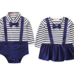 Twins Matching Outfits Boy and Girl Long Sleeve Striped Bowtie Bodysuit Birthday Shirt