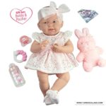 JC Toys La Newborn All-Vinyl-Anatomically Correct Real Girl 15″ Doll in White Eyelet Dress with Fluffy Bunny and Accessories Designed by Berenguer