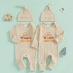 YOKJZJD Newborn Baby Girl Boy Twins Matching Outfits Womb Mates Knitted Romper Mitten Cuffs Jumpsuit with Hat Fall Clothes (Apricot, 0-3 Months)